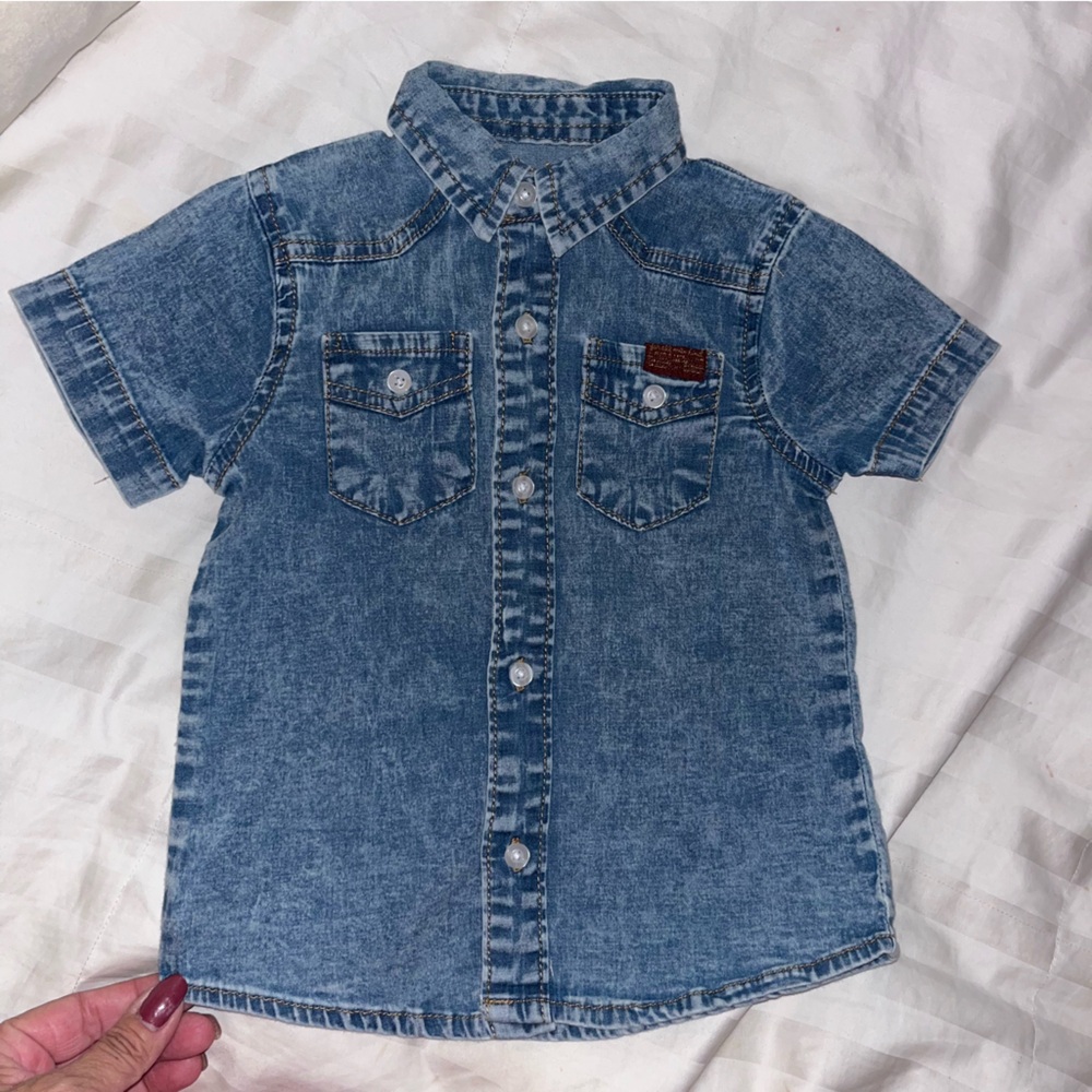 7 For All Mankind Cotton Denim Button Up Short Sleeve Shirt